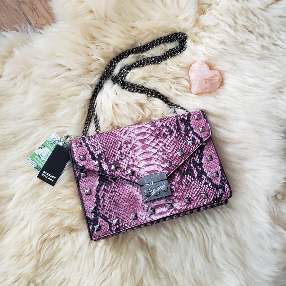 Badgley Mischka Pink Snakeprint Studded Bag